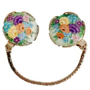 Vintage 50s 60s Porcelain Colorful Floral Sweater Clip Gold Tone Cardigan Clip